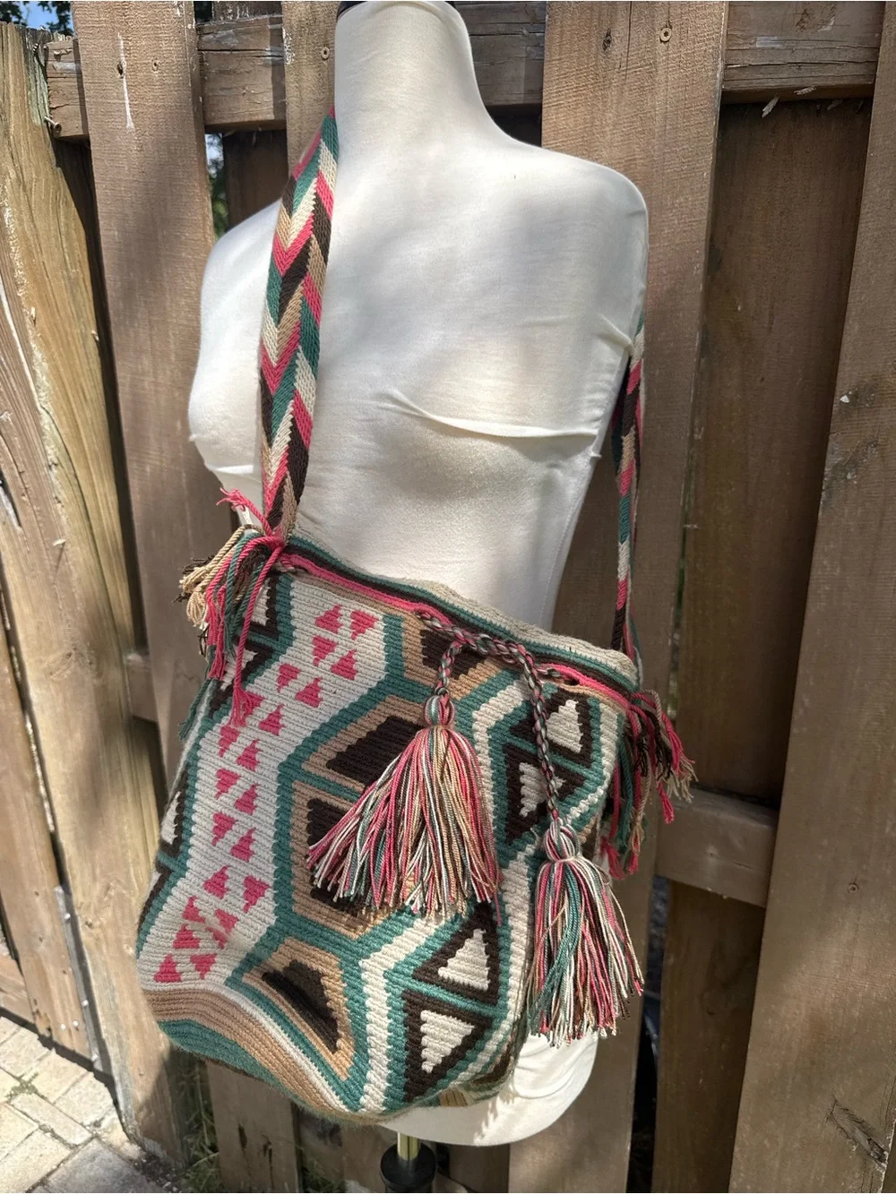 Handwoven Wayu Aztec-Pattern Shoulder Bag in Teal, Pink & Cream - Picture 1 of 1